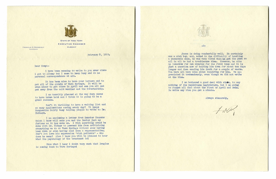 Fantastic 2pp. Letter Signed by FDR Regarding Warm Springs -- ...to prevent him from criticising everything we do at Warm Springs...Dont you love his expression rich patients...